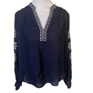 Addie Embroidered Boho Peasant Blouse Sz M Navy White Sheer Long Sleeve V Neck